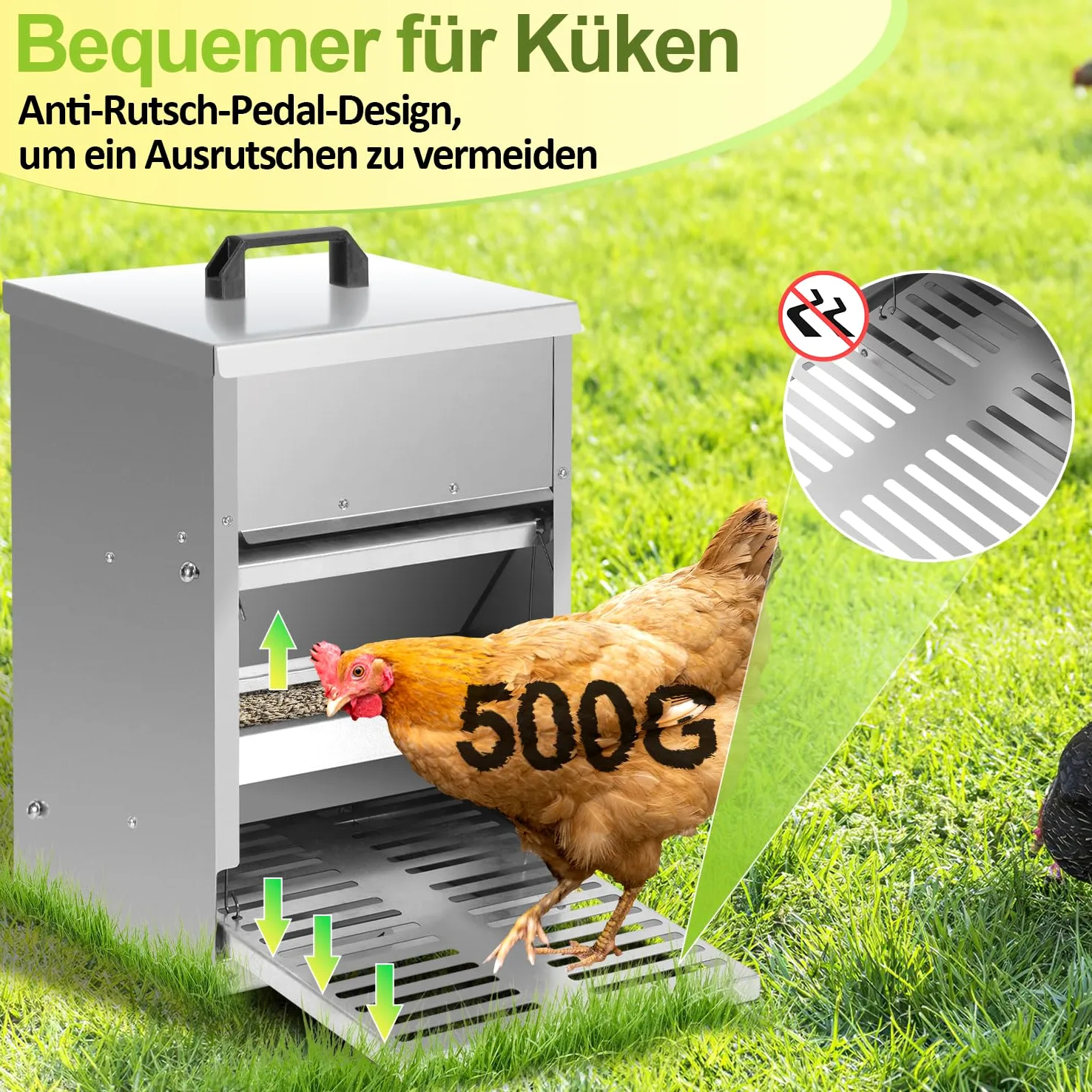 Sonnewelt Mangiatoia automatica per polli 5 kg, mangiatoia con pedale automatico, mangime per pollame, accessorio ideale per pollame, impermeabile e a prova di ratto, zincato