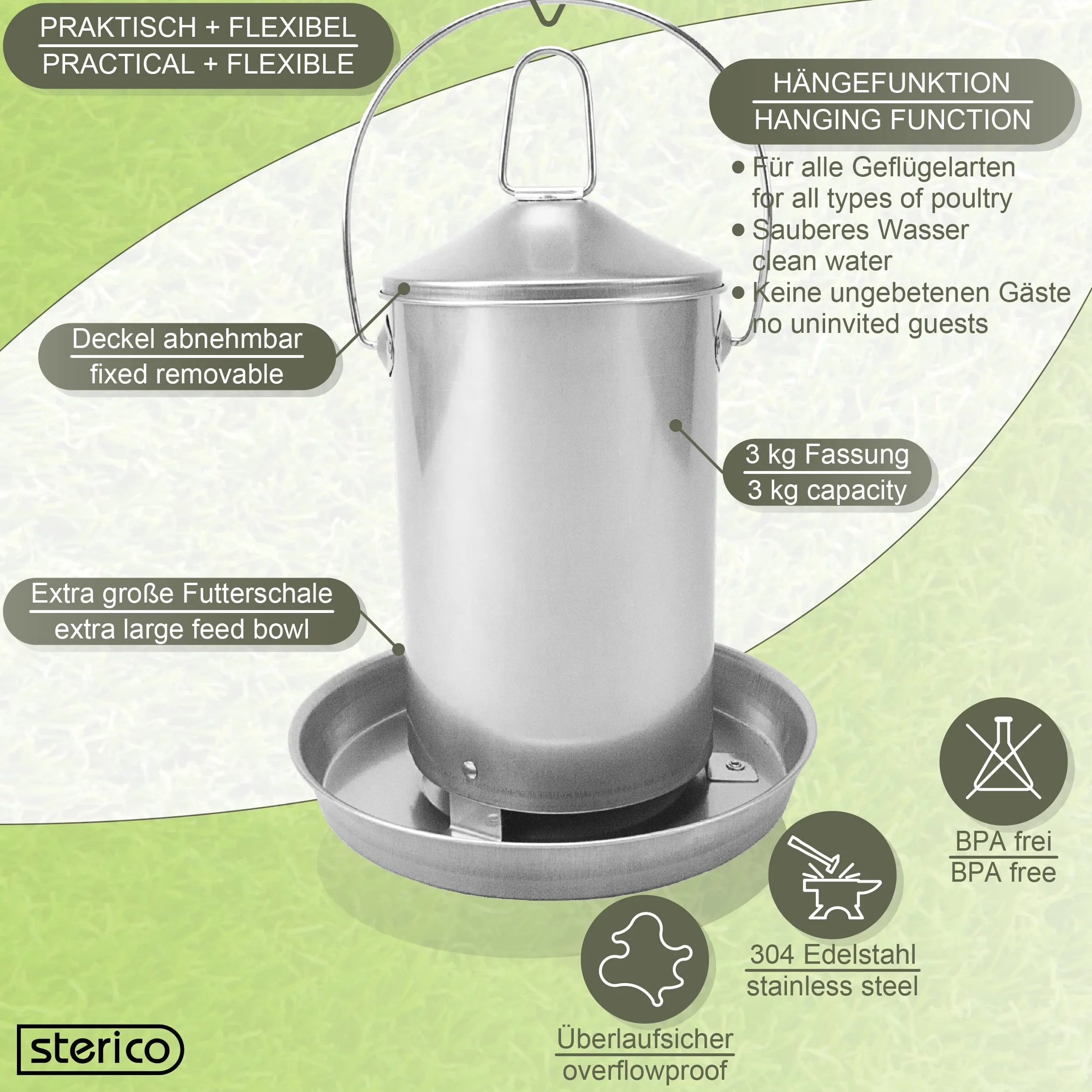 Sterico Mangiatoia automatica per pollame in acciaio inox 304, antiruggine, senza BPA, privo di spigoli pericolosi, da appendere e posizionare, capacità 3 kg
