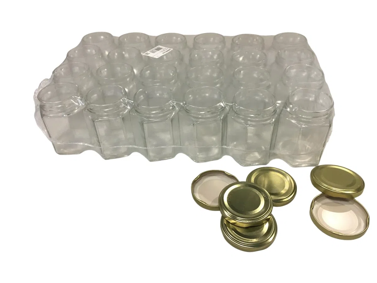 Vaso in vetro esagonale ml 190, per 250 gr miele (conf. da 32 pezzi) completo di tappo