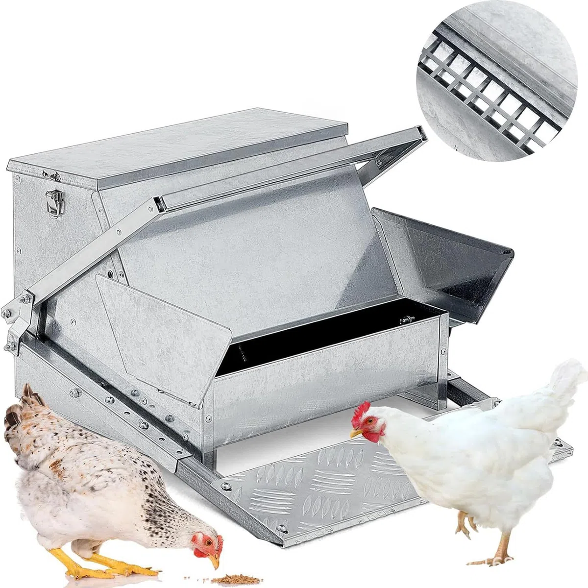 Mangiatoia Automatica Polli Galvanizzata, Mangiatoie Pollame Foglio Ad Apertura Automatica 25 Libbre, Mangia Circa 3 Insieme/Nutri 6-12 Pollame Fino a 7 Giorni/Design Pedale Antiscivolo