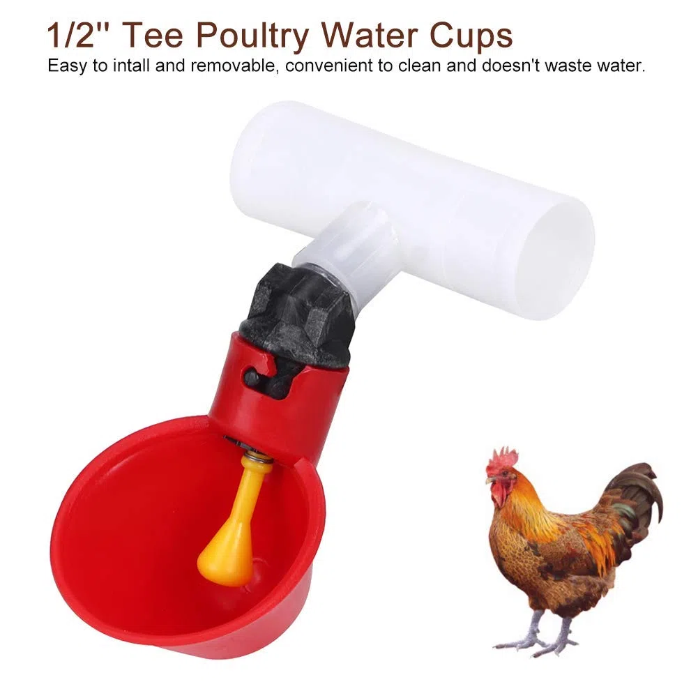 Abbeveratoio per pollame, 10 pezzi automatico pollo acqua tazze abbeveratoio 1/2 pollici tee pollame gallina alimentazione strumenti rosso per Bestiame Pollo Gallina Pollaio Mangime