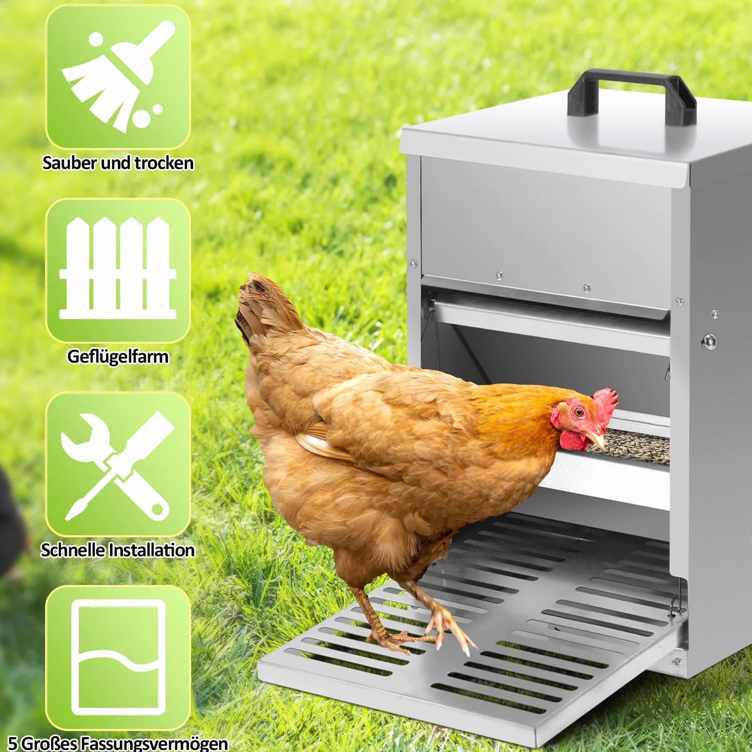 Sonnewelt Mangiatoia automatica per polli 5 kg, mangiatoia con pedale automatico, mangime per pollame, accessorio ideale per pollame, impermeabile e a prova di ratto, zincato