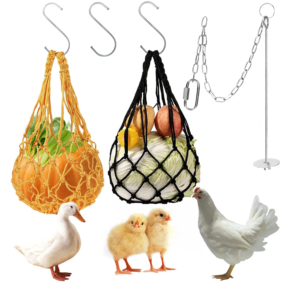 Pollo - Sacchetto di rete di alimentazione vegetale spiedino porta frutta mangiatoia frutta verdura inossidabile pollo 3 pz appeso giocattolo per anatre uccelli coniglietti pappagallo
