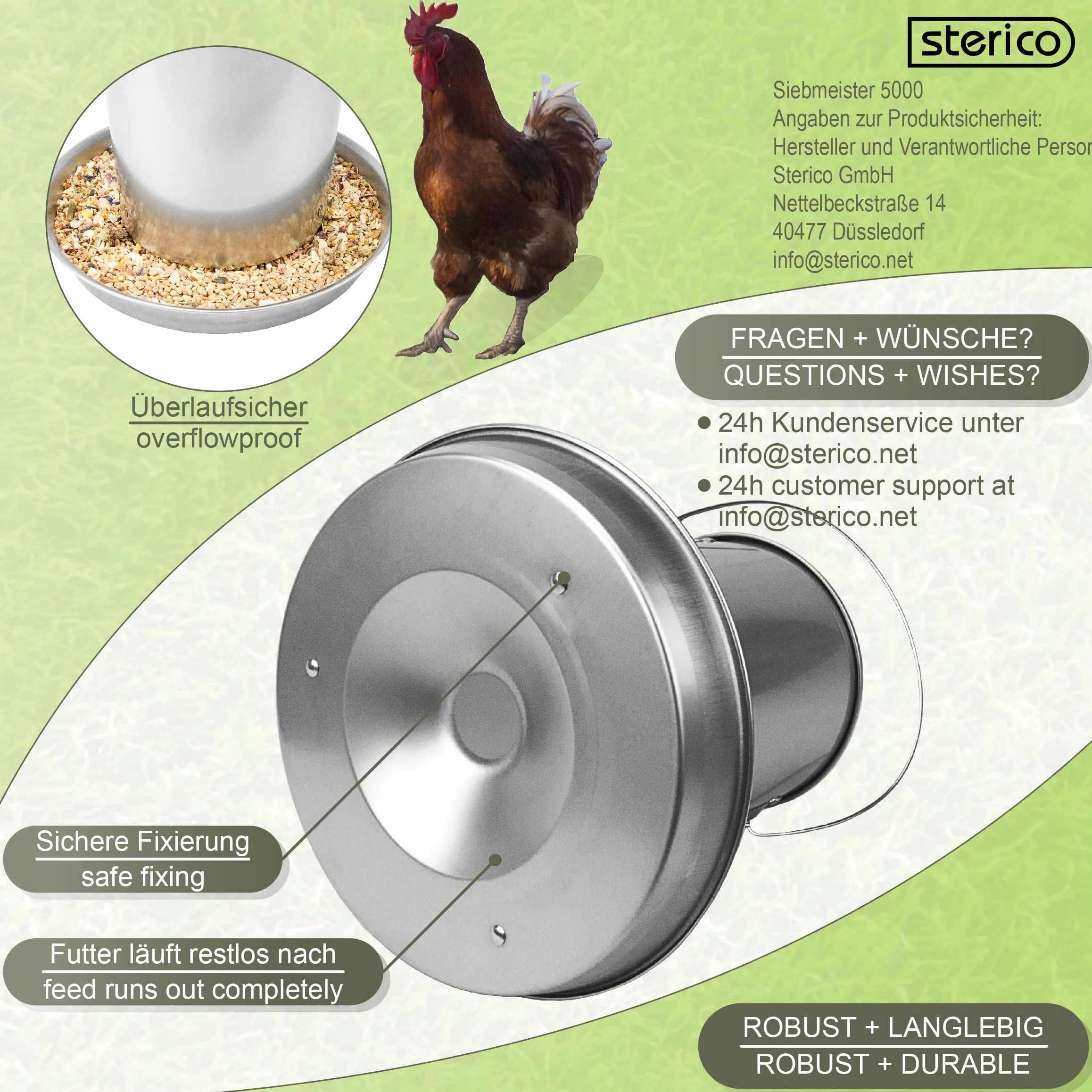 Sterico Mangiatoia automatica per pollame in acciaio inox 304, antiruggine, senza BPA, privo di spigoli pericolosi, da appendere e posizionare, capacità 3 kg