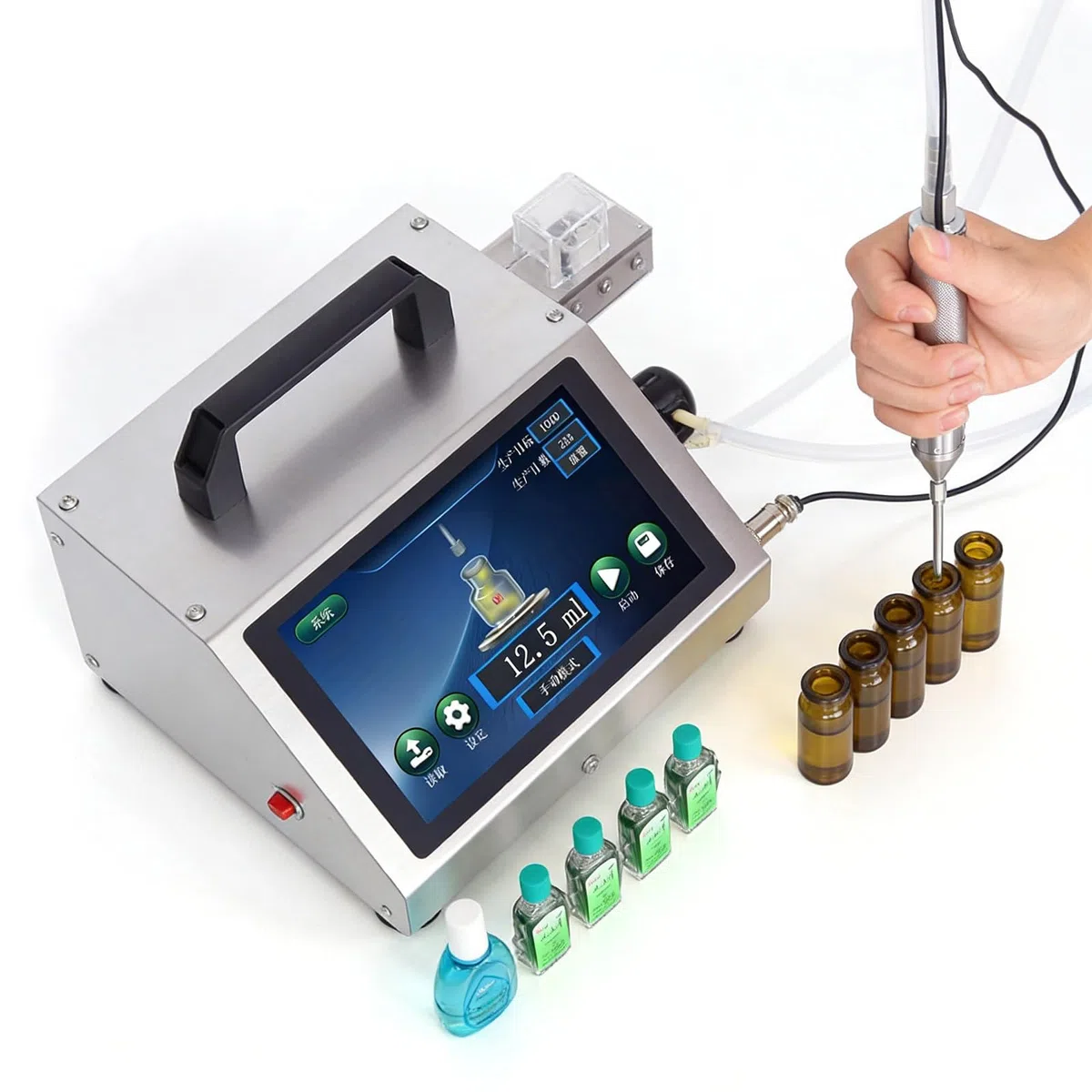 Riempitrice automatica di liquidi per oli essenziali e miele con pannello touch e design in acciaio inossidabile, ideale per aziende domestiche e piccoli produttori
