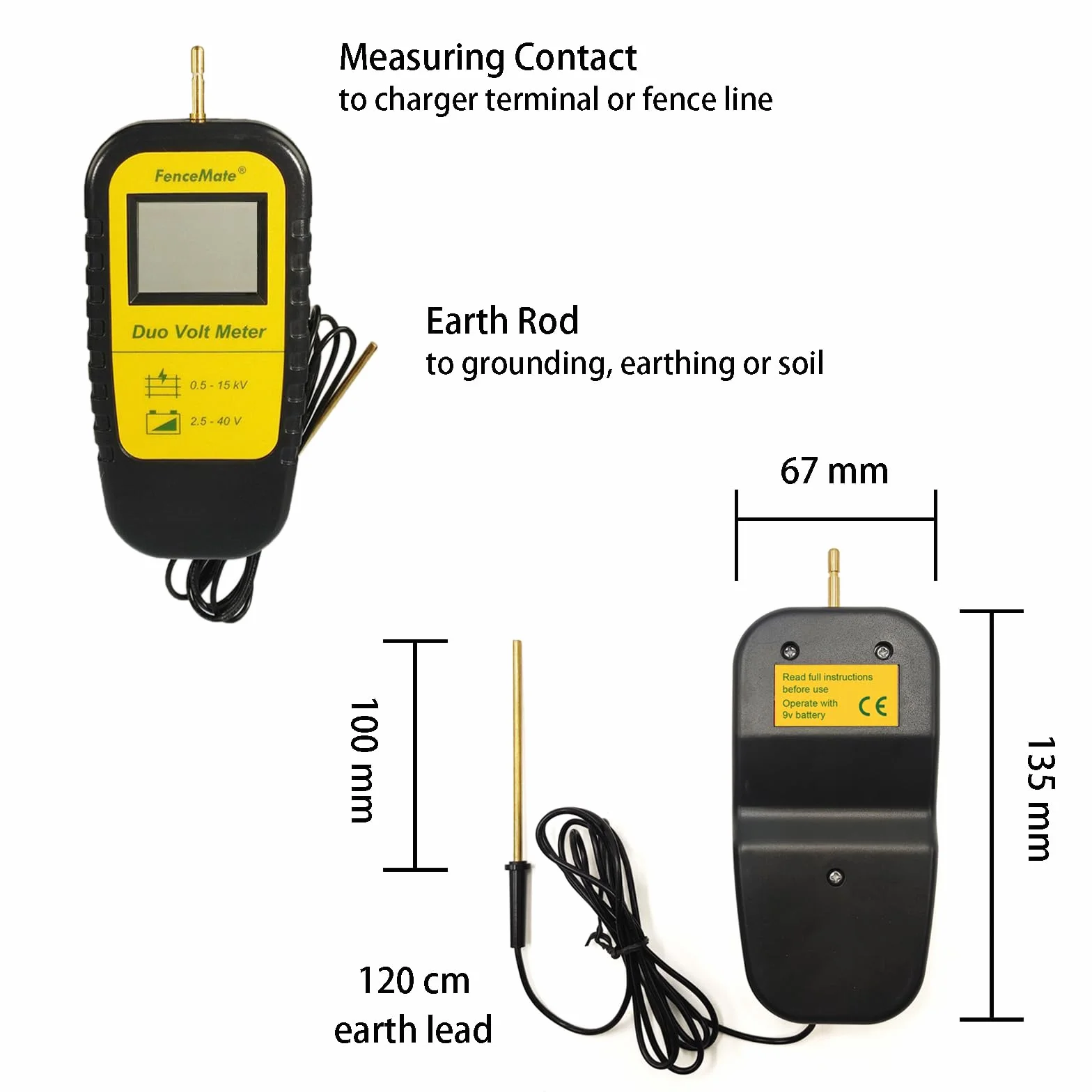 FenceMate Tester digitale per recinzione e batteria/batteria per controllare la tensione della recinzione elettrica da 0,5 – 15 kV e tensione della batteria 2,5 – 40 V, dispositivo di collaudo per il