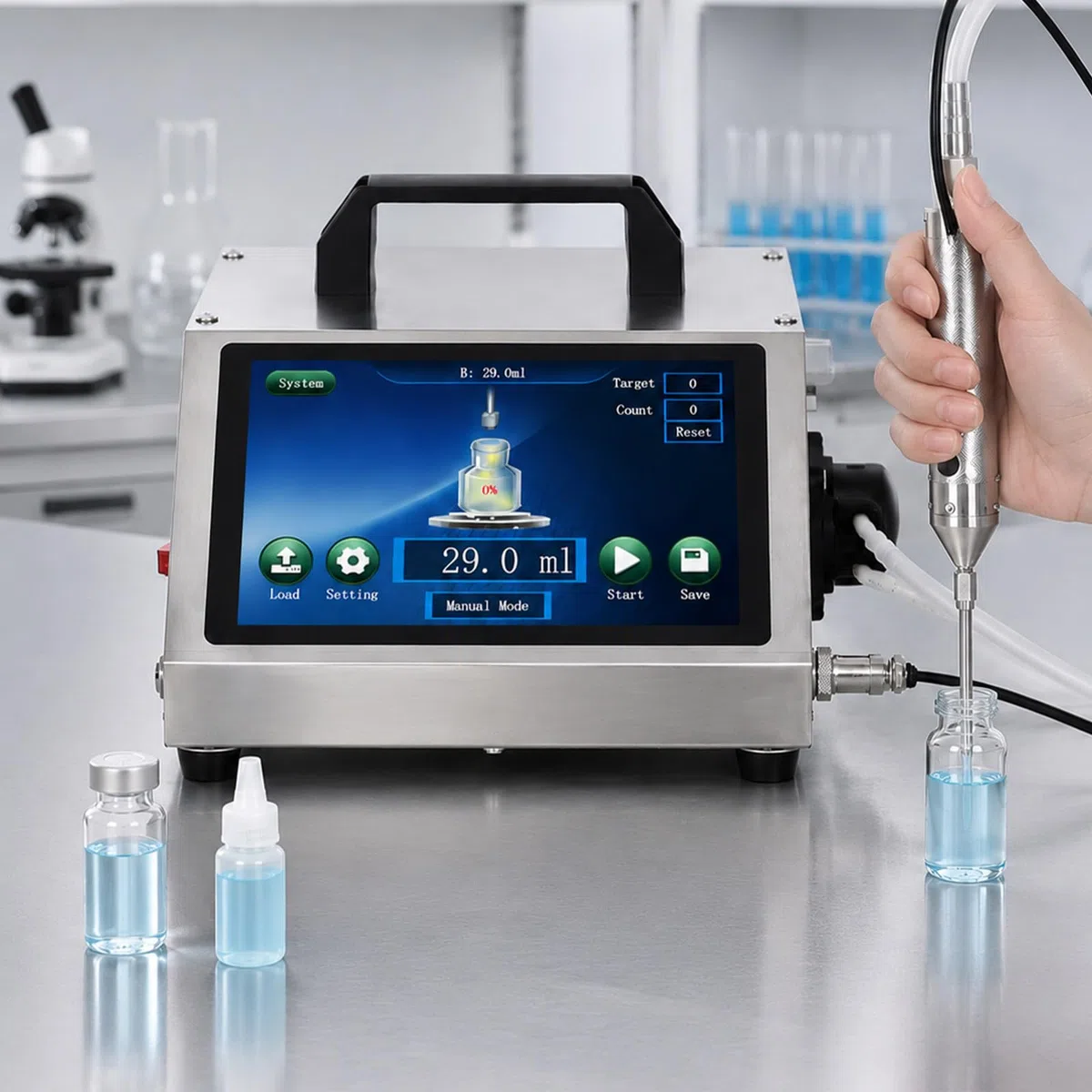 Riempitrice Quantitativa per Liquidi con Corpo in Acciaio Inox HD1370 | Dosaggio da 1–100 mL e Portata Massima di 500 mL/min per Profumi, Inchiostri, Liquidi Cosmetici e Soluzioni Acquose