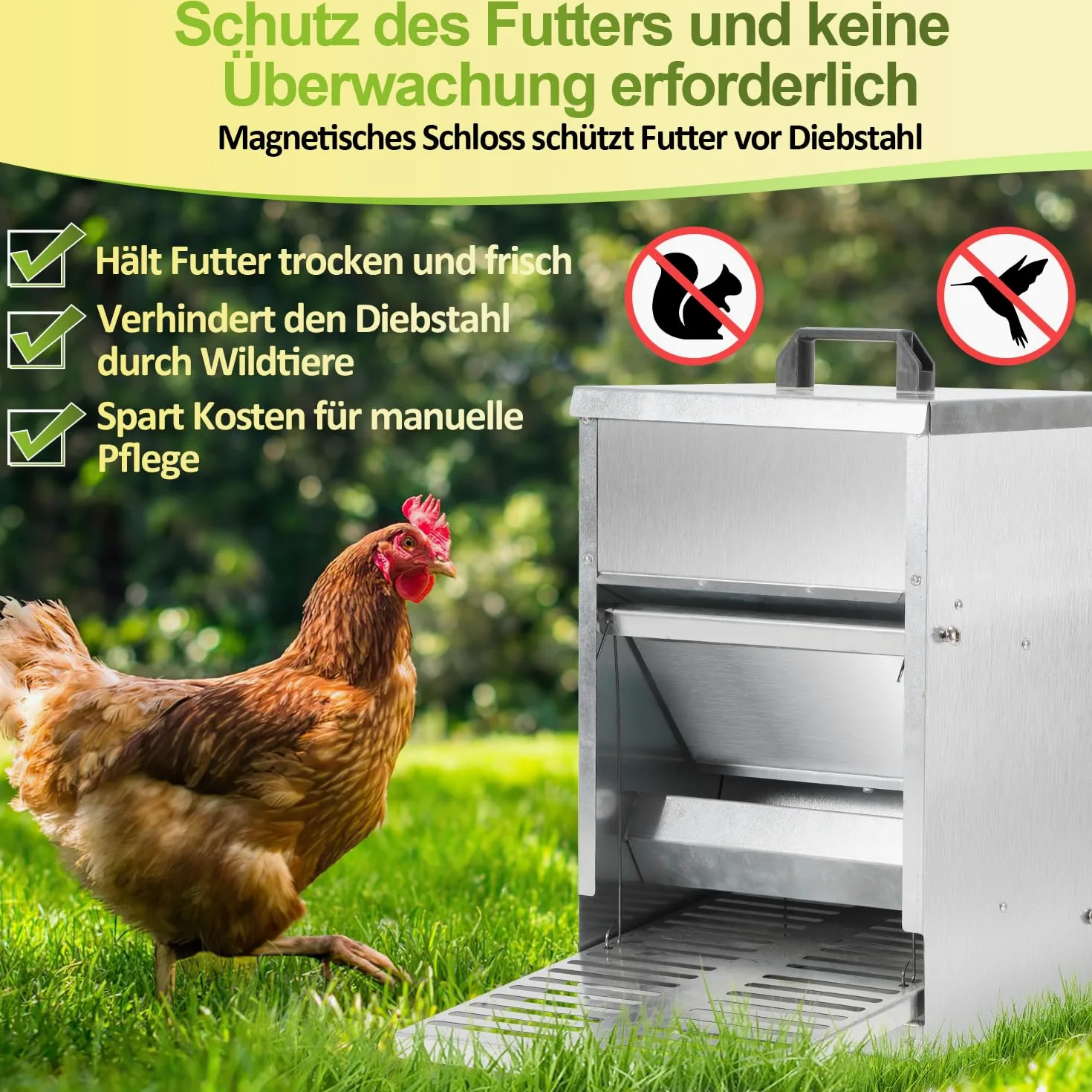 Sonnewelt Mangiatoia automatica per polli 5 kg, mangiatoia con pedale automatico, mangime per pollame, accessorio ideale per pollame, impermeabile e a prova di ratto, zincato