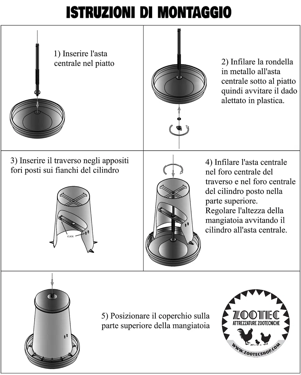Zootec Mangiatoia per Galline, antispreco, Asta Regolazione del mangime, Coperchio e Piedini. capacità 18 kg. + Abbeveratoio per Galline a sifone in plastica con Manico e Piedini. capacità 15 Litri.