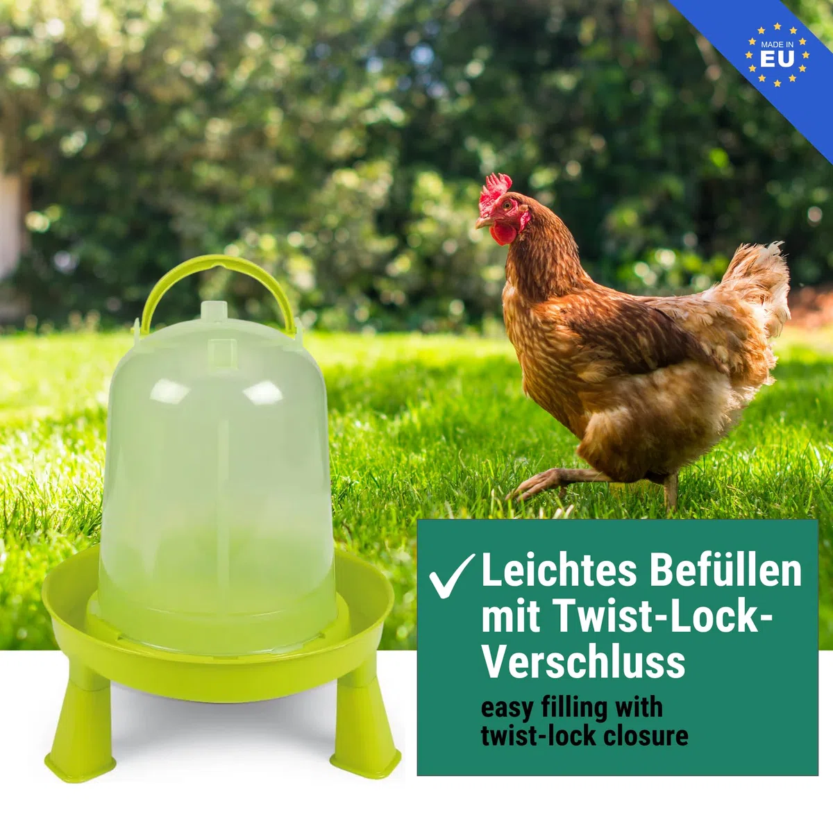 Agrarzone Abbeveratoio per galline 1,5L Verde - Robusto in Polipropilene con Indicatore Livello acqua, Uv- Resistente e facile da pulire - Ideale per pollame