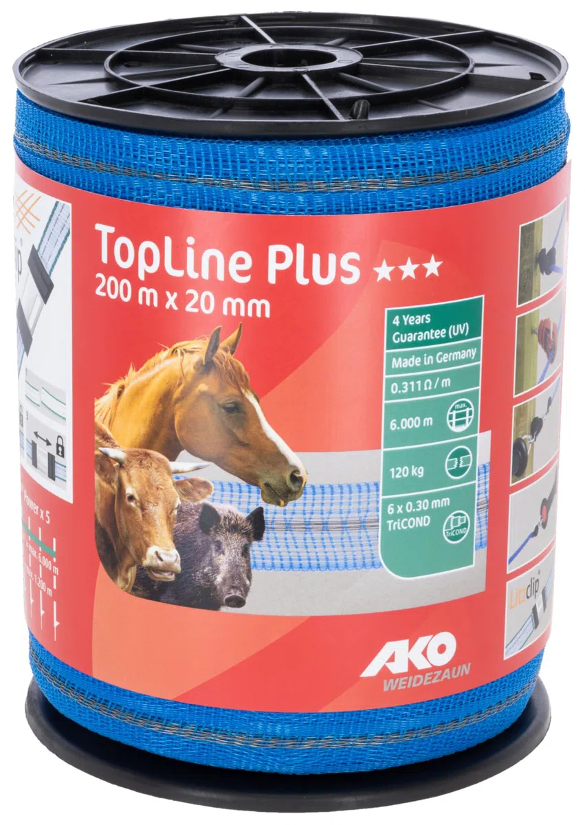 AKO Topline Plus 449570 - Nastro per Recinzione in Vimini (Blu, Lunghezza 200 m, Larghezza 20 mm, Larghezza 20 mm, Materiale conduttore TriCOND, Recinzione per Animali, Accessori per Animali
