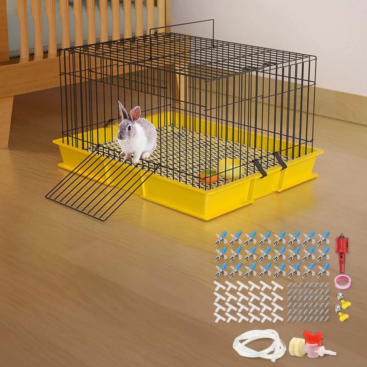 Abbeveratoio per conigli, con beccuccio a doppia molla, sistema automatico di abbeveraggio per gabbie, in plastica robusta, colore blu (set da 24 pezzi)