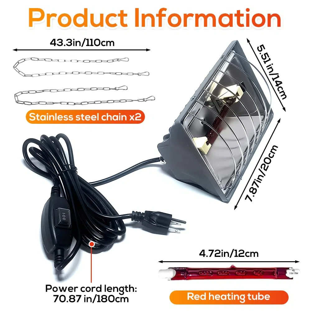 175W Lampada Riscaldante per Pulcini, Cavo da 1,8m, Lampada Infrarossi Riscaldante per Pulcini con 2 Catene Sospese, Lampada per Pulcini Appena Nati, Lampada Riscaldante per Can, Polli, Anatre