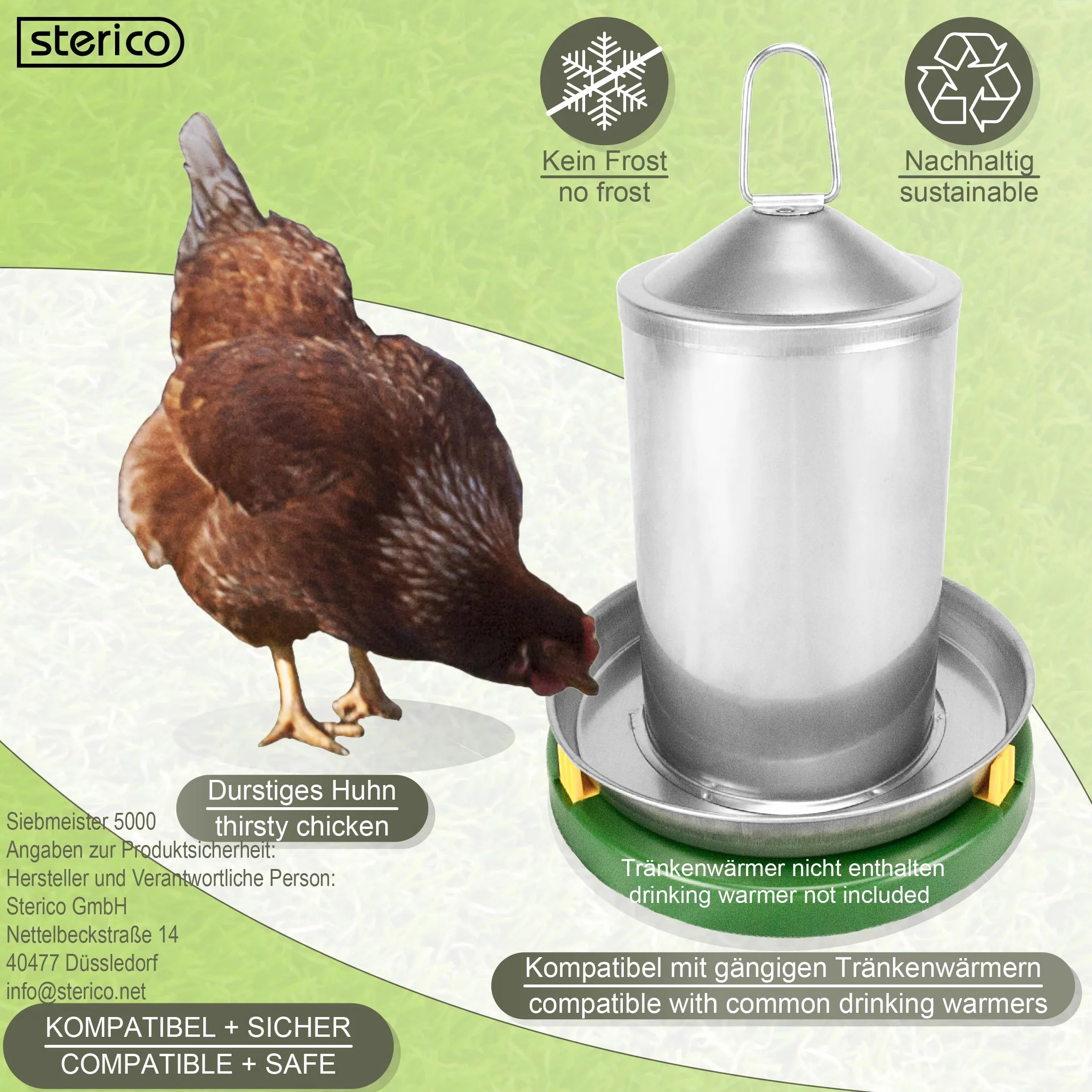 Sterico Abbeveratoio per polli, in acciaio inox 304, antiruggine, senza BPA, senza bordi pericolosi, a prova di troppopieno, sospeso e posizionabile, erogatore d'acqua per polli, 3 l