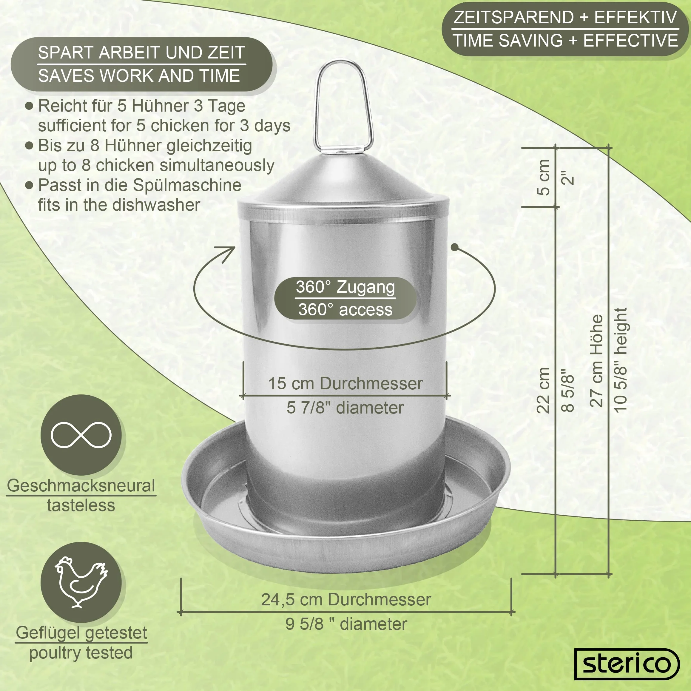 Sterico Abbeveratoio per polli, in acciaio inox 304, antiruggine, senza BPA, senza bordi pericolosi, a prova di troppopieno, sospeso e posizionabile, erogatore d'acqua per polli, 3 l