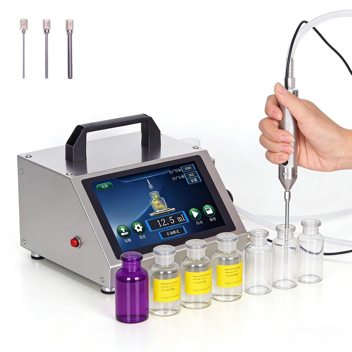 Riempitrice automatica di liquidi con pannello digitale e manico portatile, ideale per piccole bottiglie in oli essenziali, profumi e produzione di miele