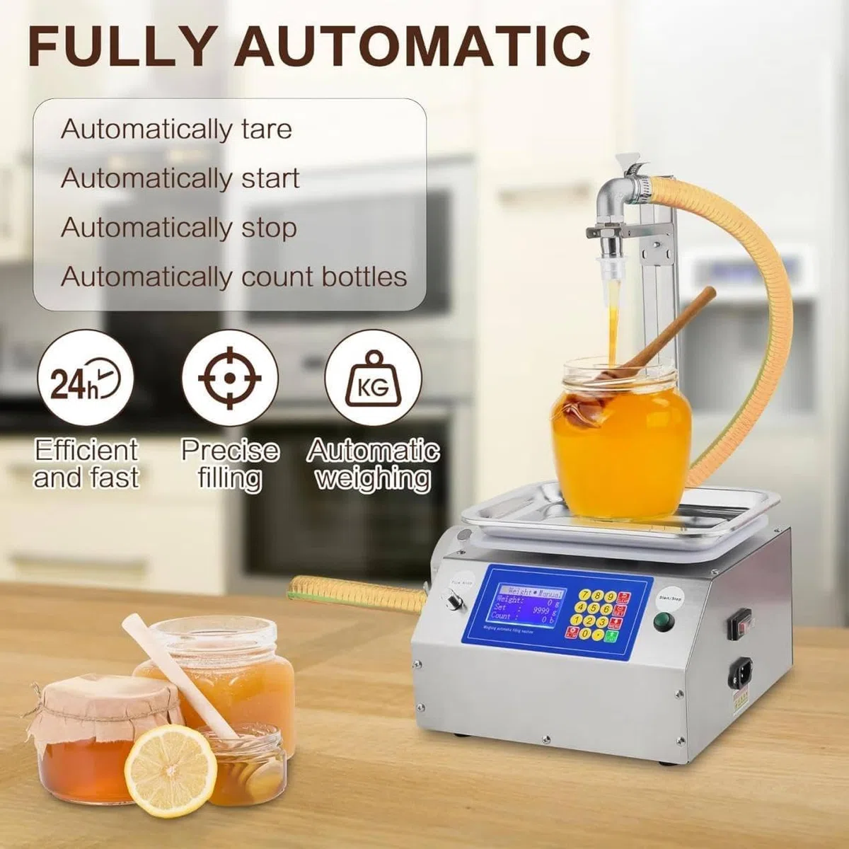Riempitrice automatica di liquidi per paste di miele e viscosa, sistema di imbottigliamento in acciaio inossidabile con controllo intelligente per un riempimento preciso da 20 g a 10000 g