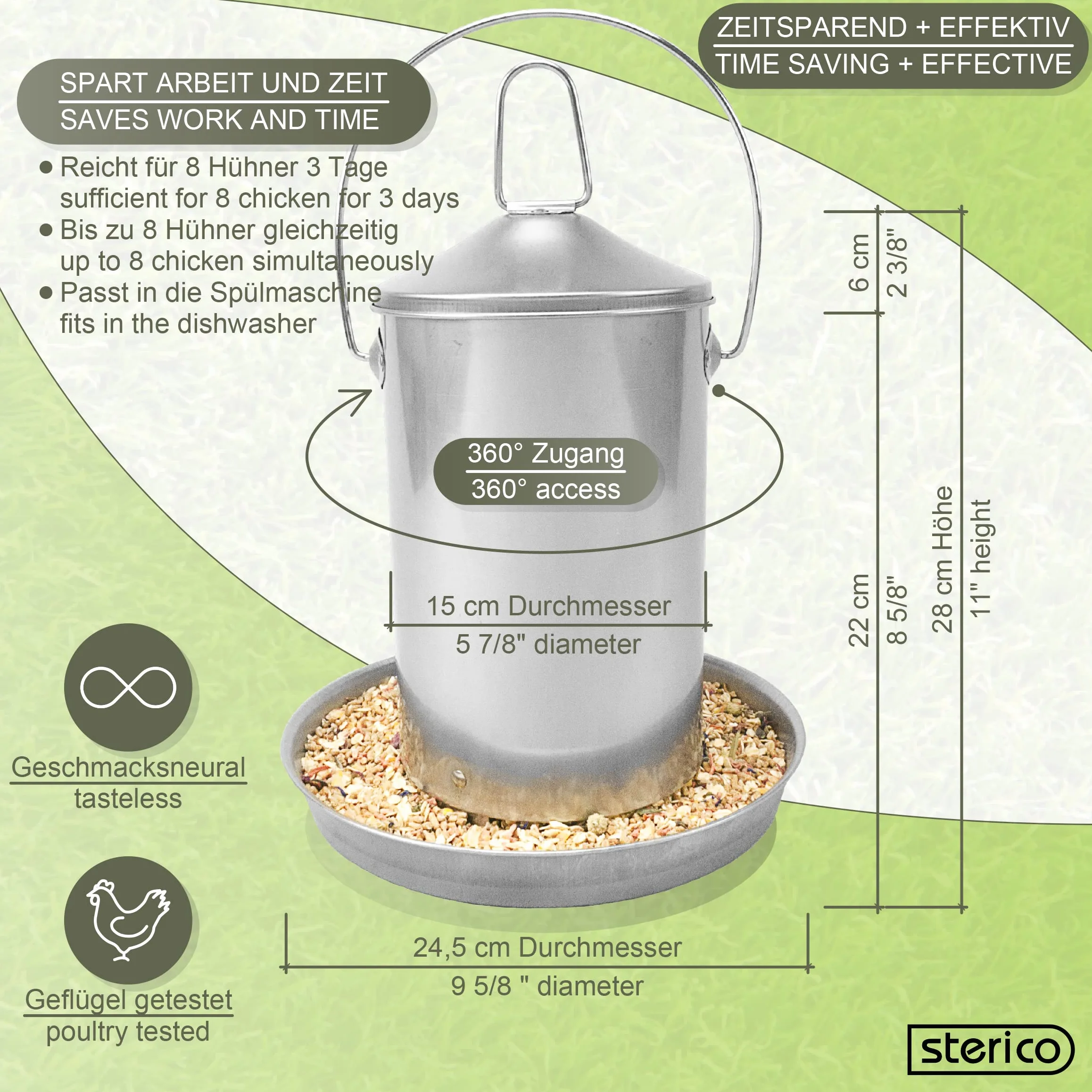 Sterico Mangiatoia automatica per pollame in acciaio inox 304, antiruggine, senza BPA, privo di spigoli pericolosi, da appendere e posizionare, capacità 3 kg