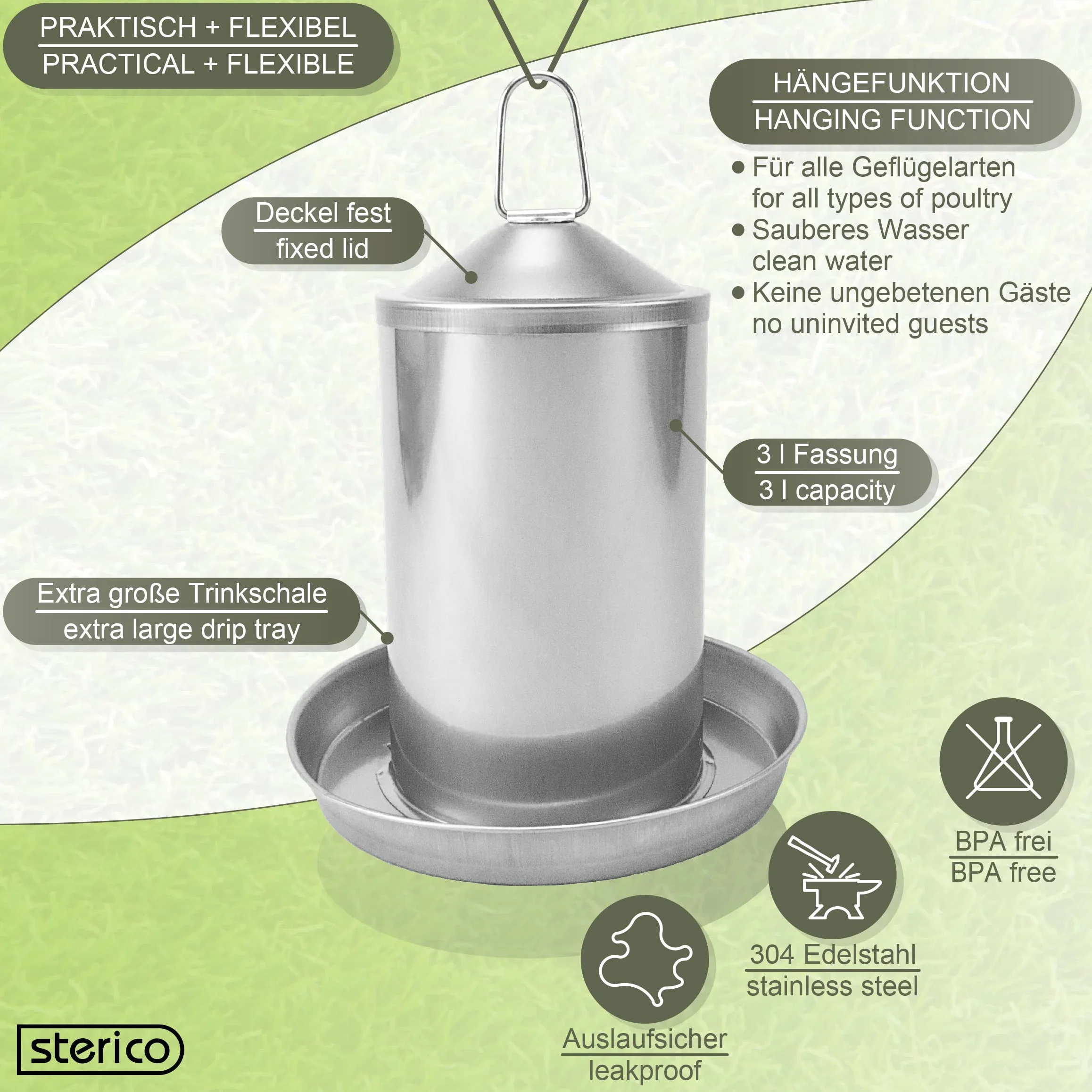 Sterico Abbeveratoio per polli, in acciaio inox 304, antiruggine, senza BPA, senza bordi pericolosi, a prova di troppopieno, sospeso e posizionabile, erogatore d'acqua per polli, 3 l