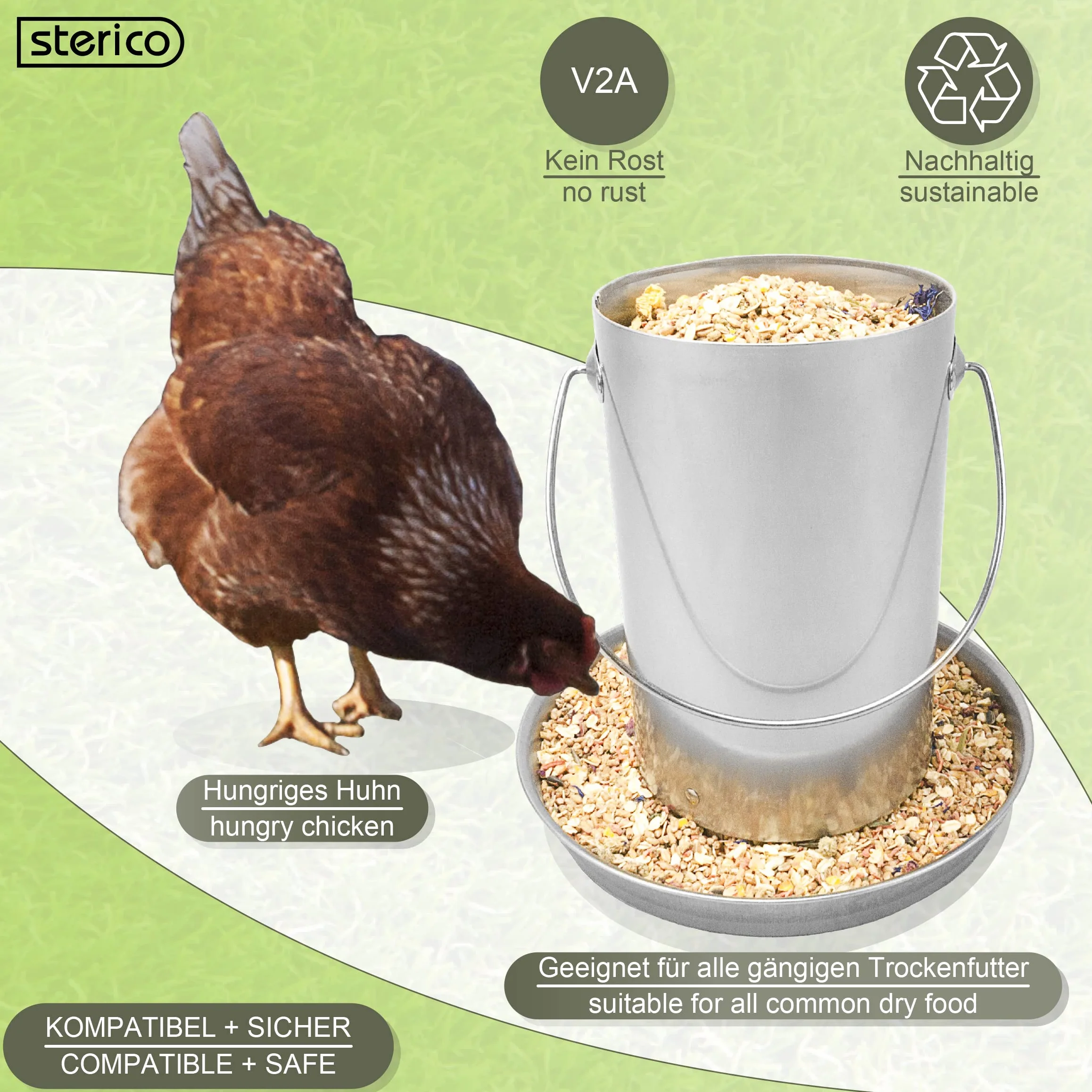 Sterico Mangiatoia automatica per pollame in acciaio inox 304, antiruggine, senza BPA, privo di spigoli pericolosi, da appendere e posizionare, capacità 3 kg