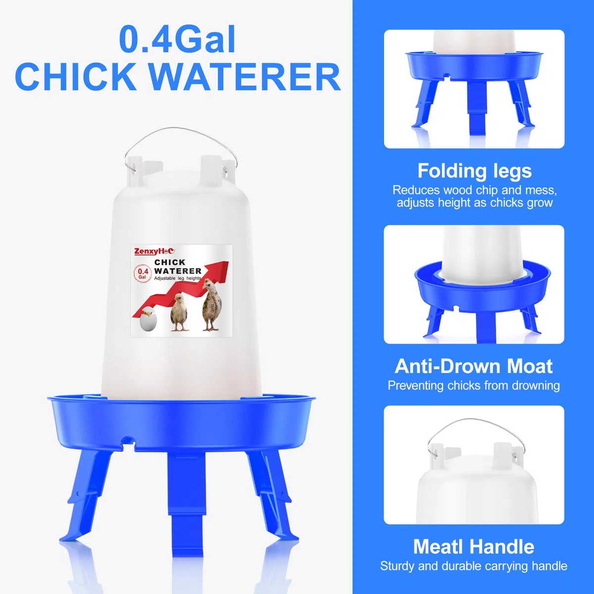ZenxyHoC Set di cibo e abbeveratoio per pulcini, con mangiatoia da 1,5 l e abbeveratoio da 1,5 l per riempire la parte superiore, con pala e 3 gambe regolabili in altezza, blu