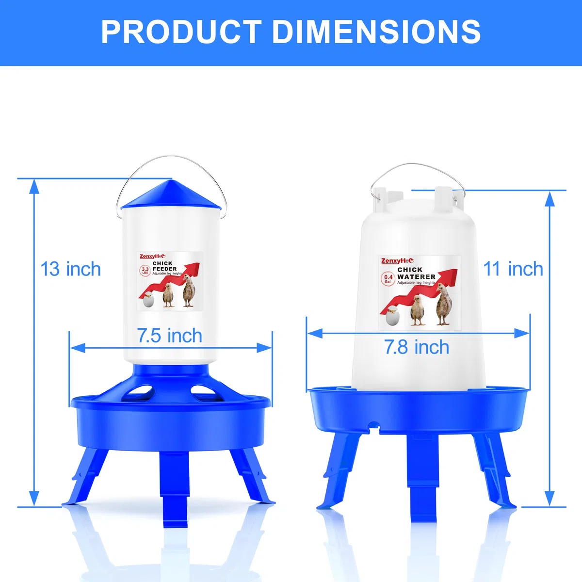 ZenxyHoC Set di cibo e abbeveratoio per pulcini, con mangiatoia da 1,5 l e abbeveratoio da 1,5 l per riempire la parte superiore, con pala e 3 gambe regolabili in altezza, blu