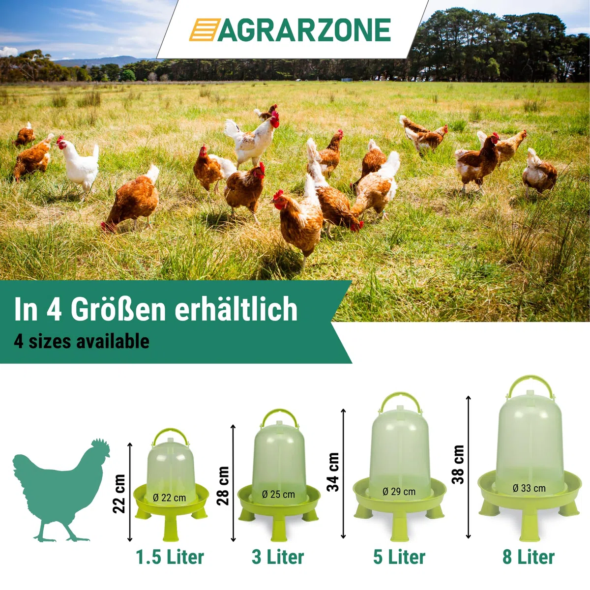 Agrarzone Abbeveratoio per galline 1,5L Verde - Robusto in Polipropilene con Indicatore Livello acqua, Uv- Resistente e facile da pulire - Ideale per pollame